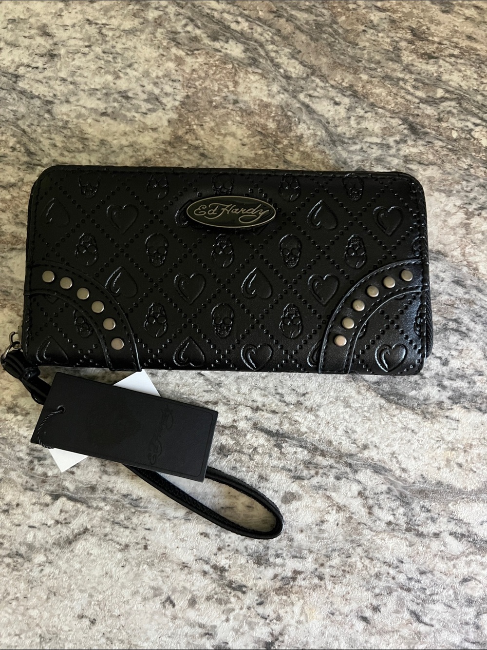 Ed Hardy Black Embossed Heart Zip-Around Wristlet Wallet NWT